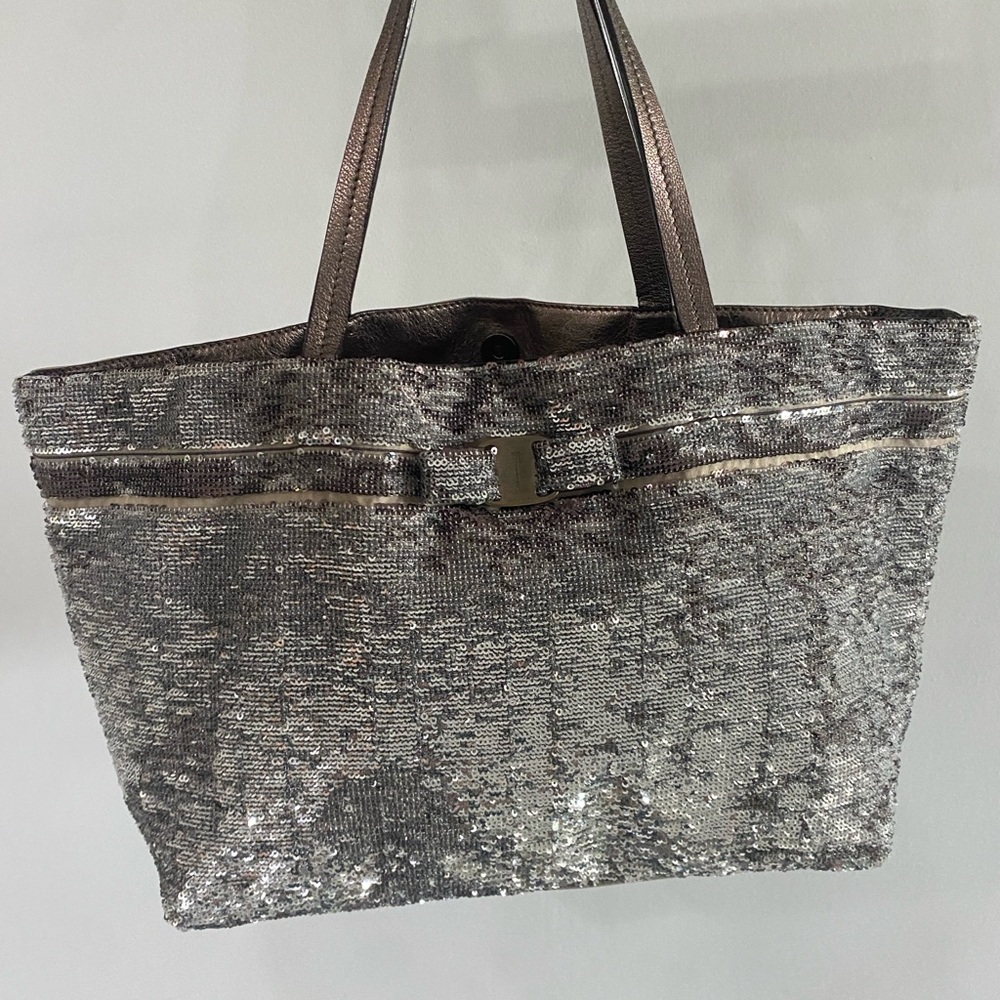 Salvatore Ferragamo Silver Tote Bag with Textured Finish